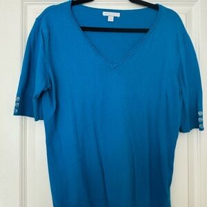 New York & Company Teal V-Neck Short Sleeve Top